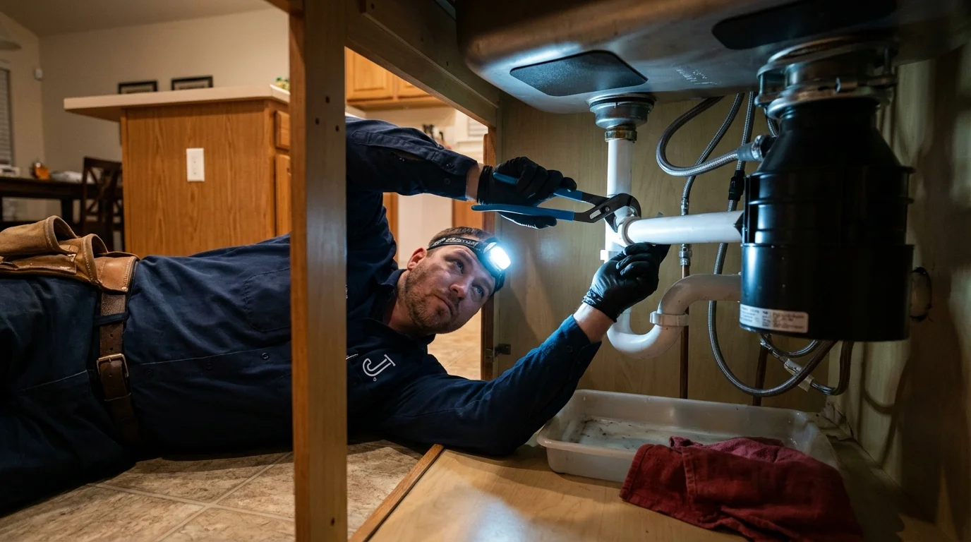 P-trap and supply line connections under a kitchen sink showing a common leak point in Odessa, FL